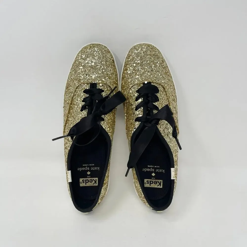 Keds x‎ Kate Spade Glitter Lace Up Sneaker Womens 7 Gold Glitter Black Ribbons
